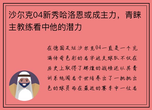 沙尔克04新秀哈洛恩或成主力，青睐主教练看中他的潜力