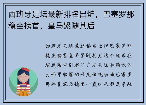 西班牙足坛最新排名出炉，巴塞罗那稳坐榜首，皇马紧随其后